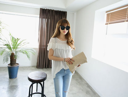 White Short Sleeved Lace Shoulder Flounced Shirt