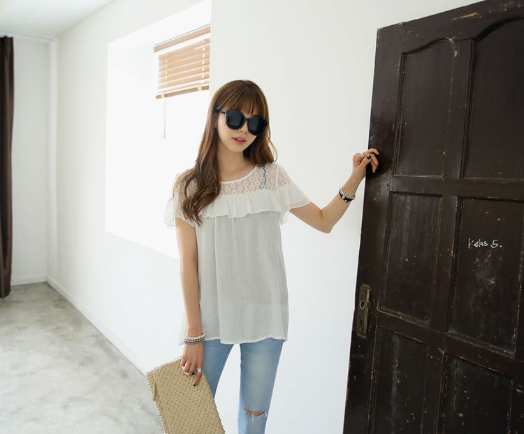 White Short Sleeved Lace Shoulder Flounced Shirt