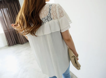 White Short Sleeved Lace Shoulder Flounced Shirt