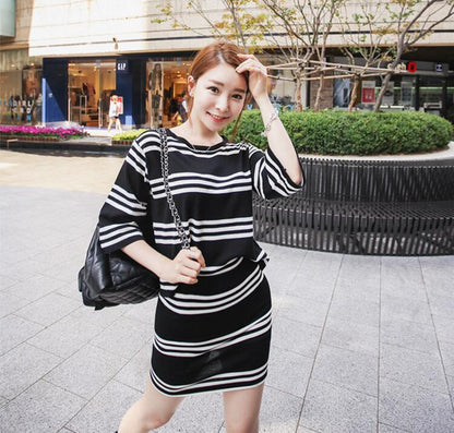 Striped Short Sleeved T-Shirt and Skirt Two Pieces