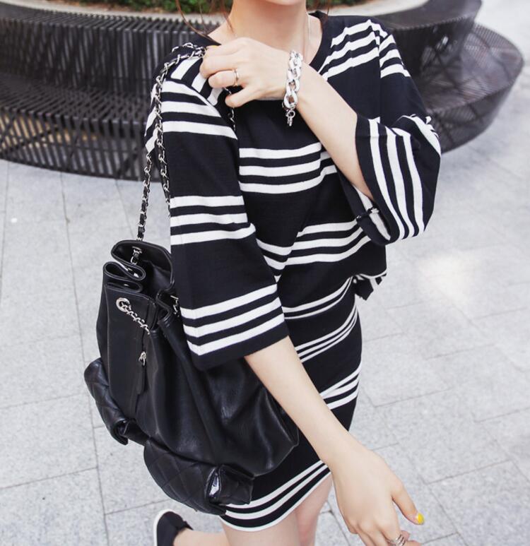 Striped Short Sleeved T-Shirt and Skirt Two Pieces