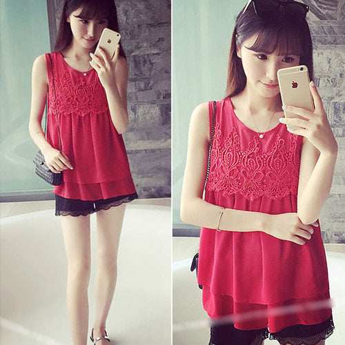 Shirt Sleeveless Crochet Chiffon