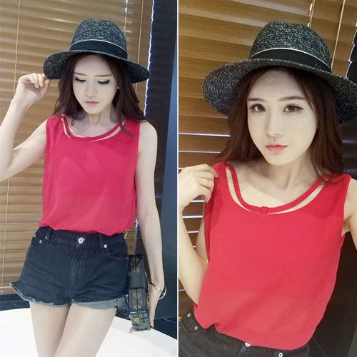 Shirt Sleeveless Hollow Collar Chiffon