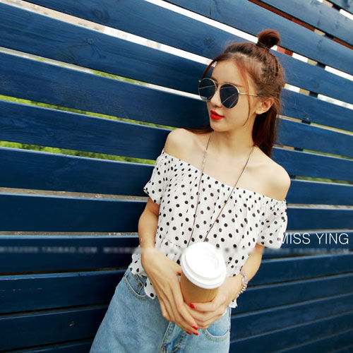 Blouse Polka Dots Strapless Short Sleeved