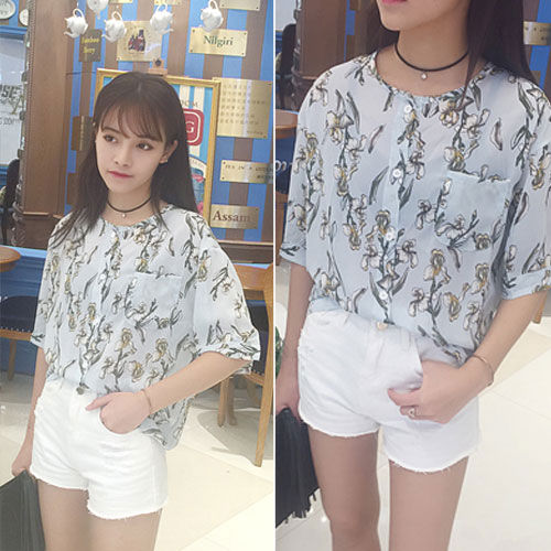 Shirt Floral Short Sleeved Chiffon Pocket