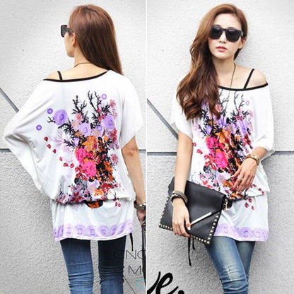 Shirt White Flower Printing Short Sleeved