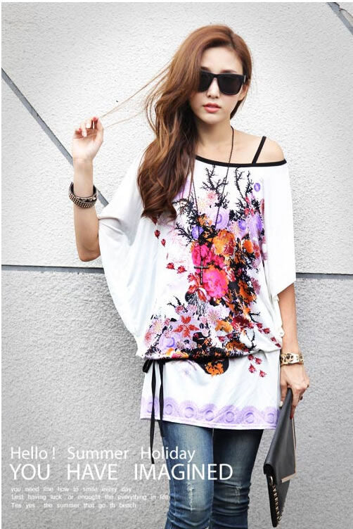 Shirt White Flower Printing Short Sleeved