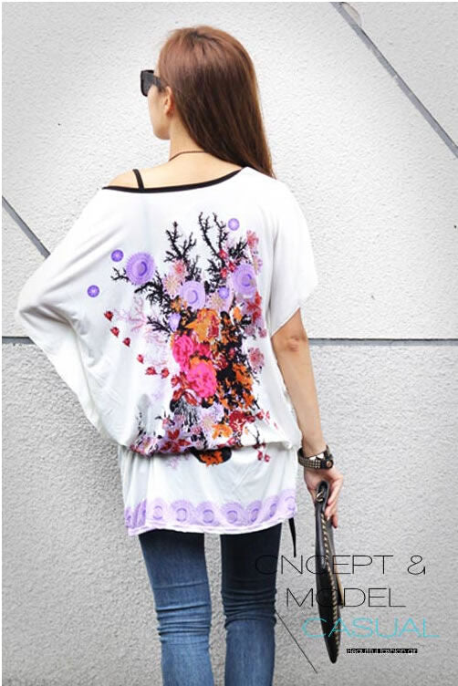 Shirt White Flower Printing Short Sleeved