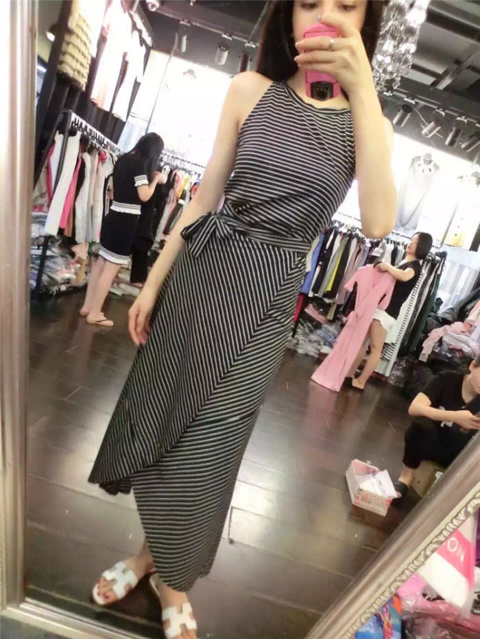 Striped Sleeveless Top and Split Long Skirt Two Pieces