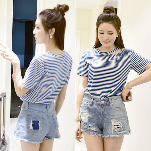 T-Shirt Striped Short Sleeved Hollow Collar