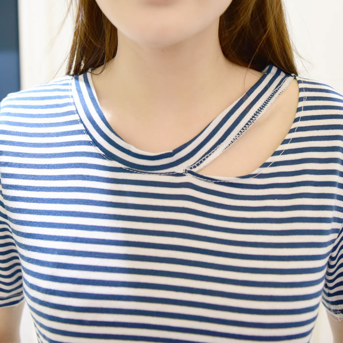 T-Shirt Striped Short Sleeved Hollow Collar