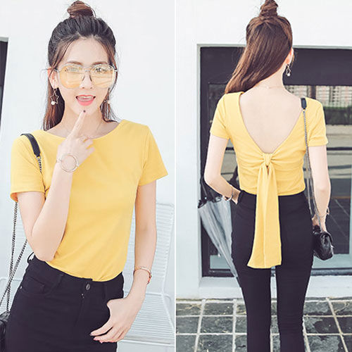 T-Shirt Short Sleeved V Neck Back Bow Woman