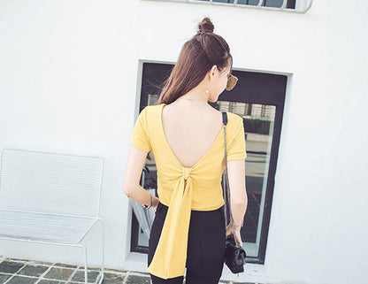 T-Shirt Short Sleeved V Neck Back Bow Woman