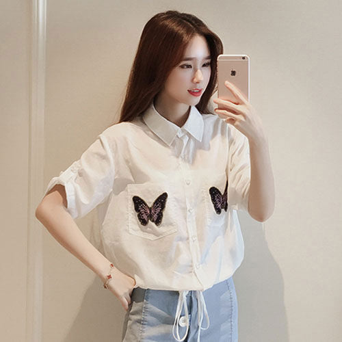 Shirt Butterfly Pockets Sleeved Collar Drawstring