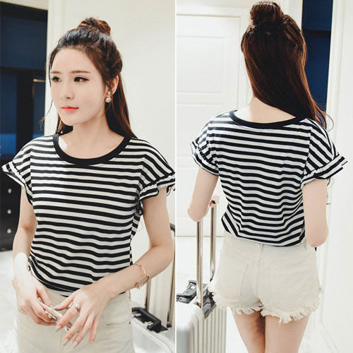 Shirt Striped Flounced Sleeved
