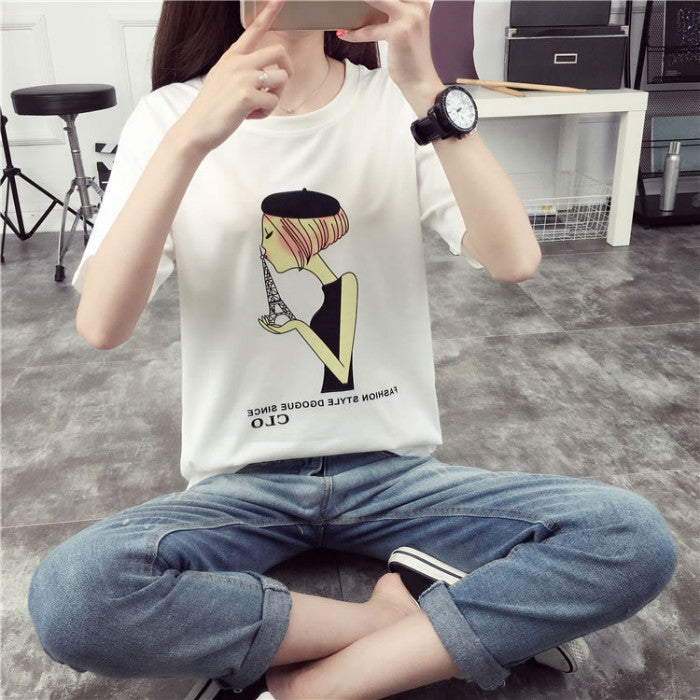 T-Shirt Cartoon Girl Paris Short Sleeved