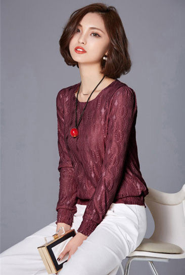 Shirt Red Lace Long Sleeved Woman
