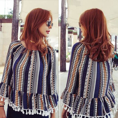 Blouse Blue Ethnic Pattern Tassel Woman