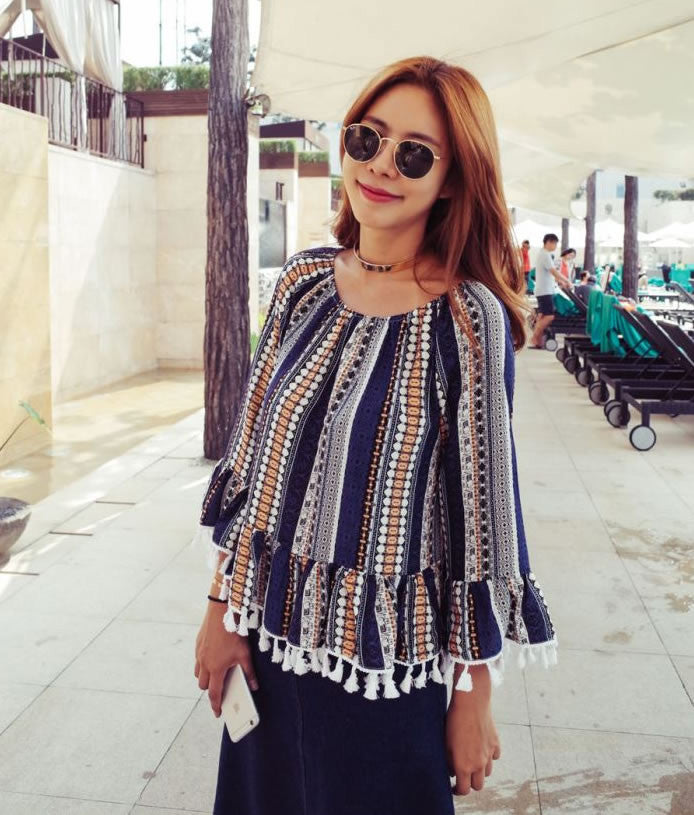 Blouse Blue Ethnic Pattern Tassel Woman