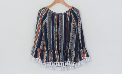 Blouse Blue Ethnic Pattern Tassel Woman