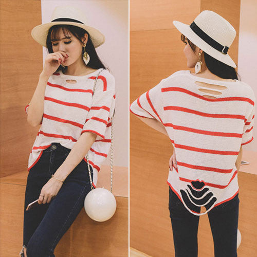 Sweater Striped Short Sleeved Casual