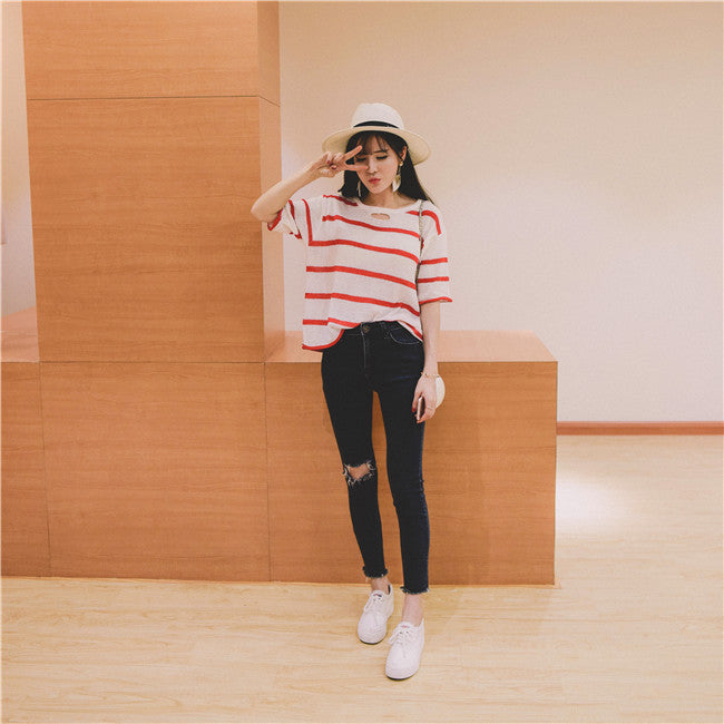 Sweater Striped Short Sleeved Casual