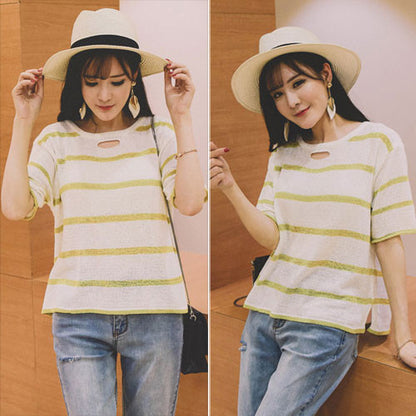 Sweater Striped Short Sleeved Casual