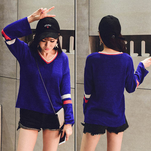 Sweater Long Sleeved V Neck Sporty