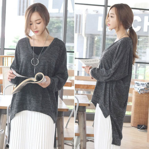 Shirt Long Sleeved V Neck Loose Tail