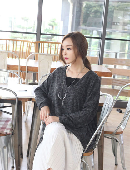 Shirt Long Sleeved V Neck Loose Tail