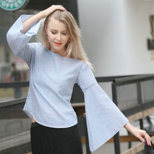 Shirt Striped Trumpet Sleeved Woman