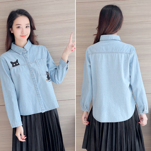 Shirt ue Jeans Long Sleeved Black Cat Pocket Collar