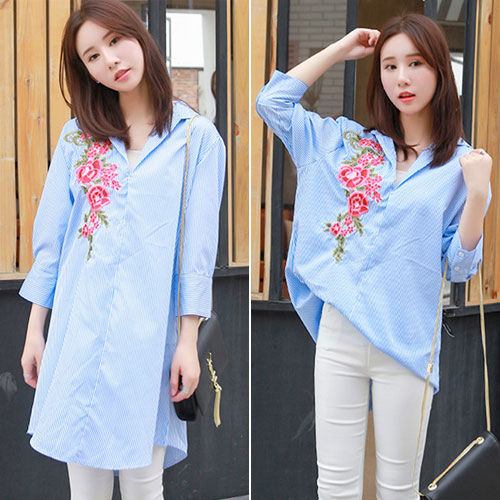 Shirt Blue Striped Long Sleeved Flower Collar Long