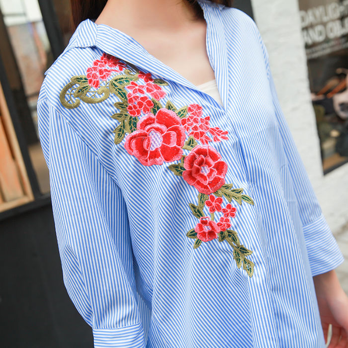 Shirt Blue Striped Long Sleeved Flower Collar Long