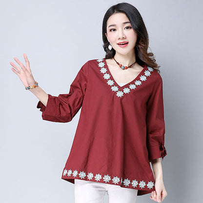 Blouse Embroidery V Neck Bow Sleeved