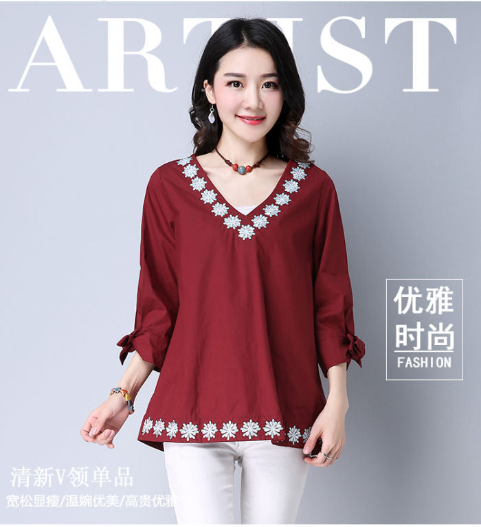 Blouse Embroidery V Neck Bow Sleeved