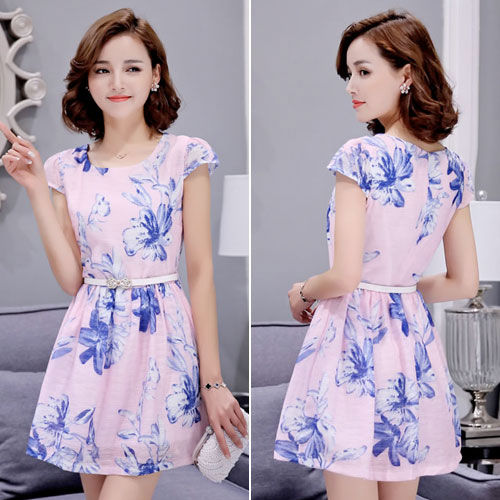 Flower Pink Short Sleeved Woman European Dress