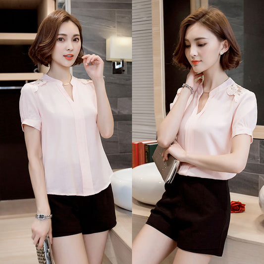 Blouse Atasan Wanita Lengan Pendek Leher V Brokat