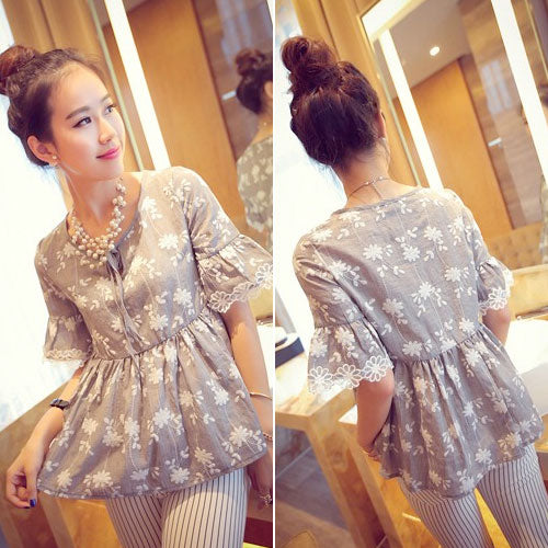 Shirt Flower Printing Horn Sleeved Woman