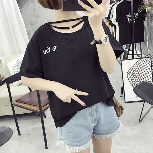 T-Shirt Short Sleeved Hollow Neck Double Tie