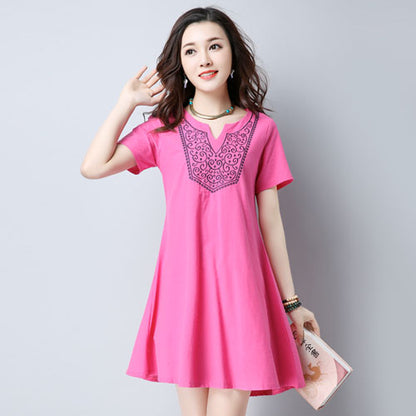 Red Short Sleeved V Neck Embroidery Dress