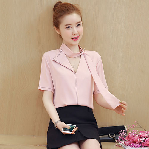 Shirt Short Sleeved V Neck Chiffon