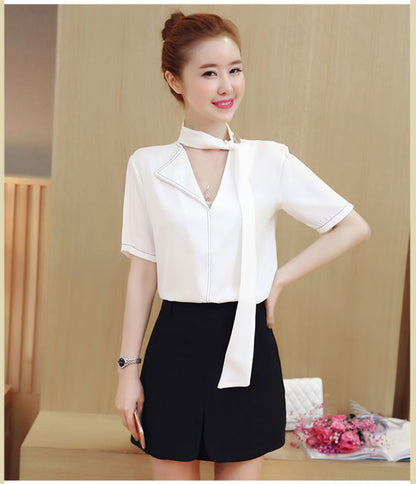 Shirt Short Sleeved V Neck Chiffon