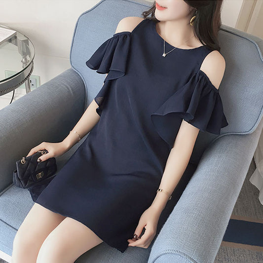 Dark Blue Flounced Sleeved Dew Shoulder Woman Dress