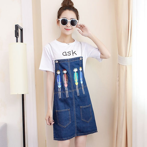 Jeans Chain Strap Cartoon People Dress Double Pockets