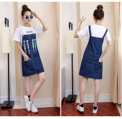 Jeans Chain Strap Cartoon People Dress Double Pockets