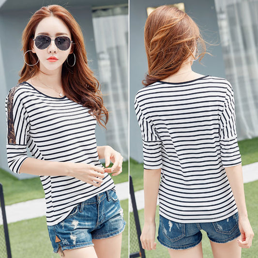 T-Shirt Striped Lace Shoulder Half Sleeved