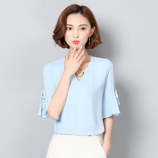 Blouse Trumpet Sleeved V Neck Ring Chiffon Woman