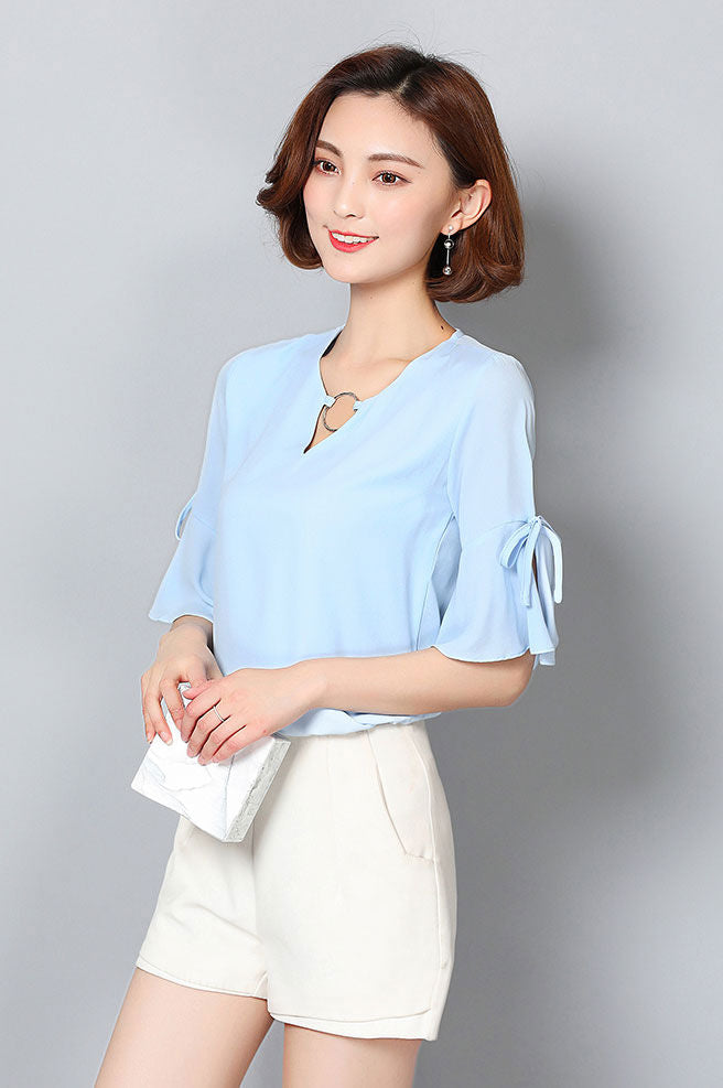 Blouse Trumpet Sleeved V Neck Ring Chiffon Woman