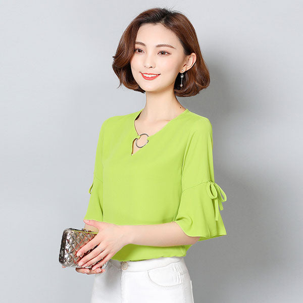 Blouse Trumpet Sleeved V Neck Ring Chiffon Woman